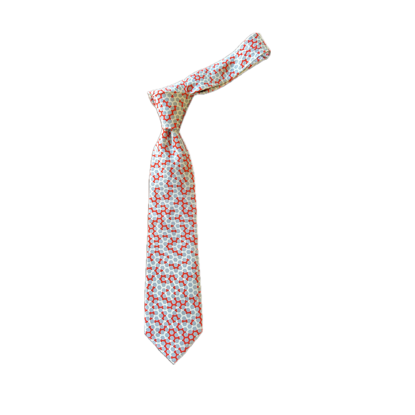 Verdant Geometric Hexagonal Silk Tie Designed by Laurinda Spear in Grey, Red and Light Grey