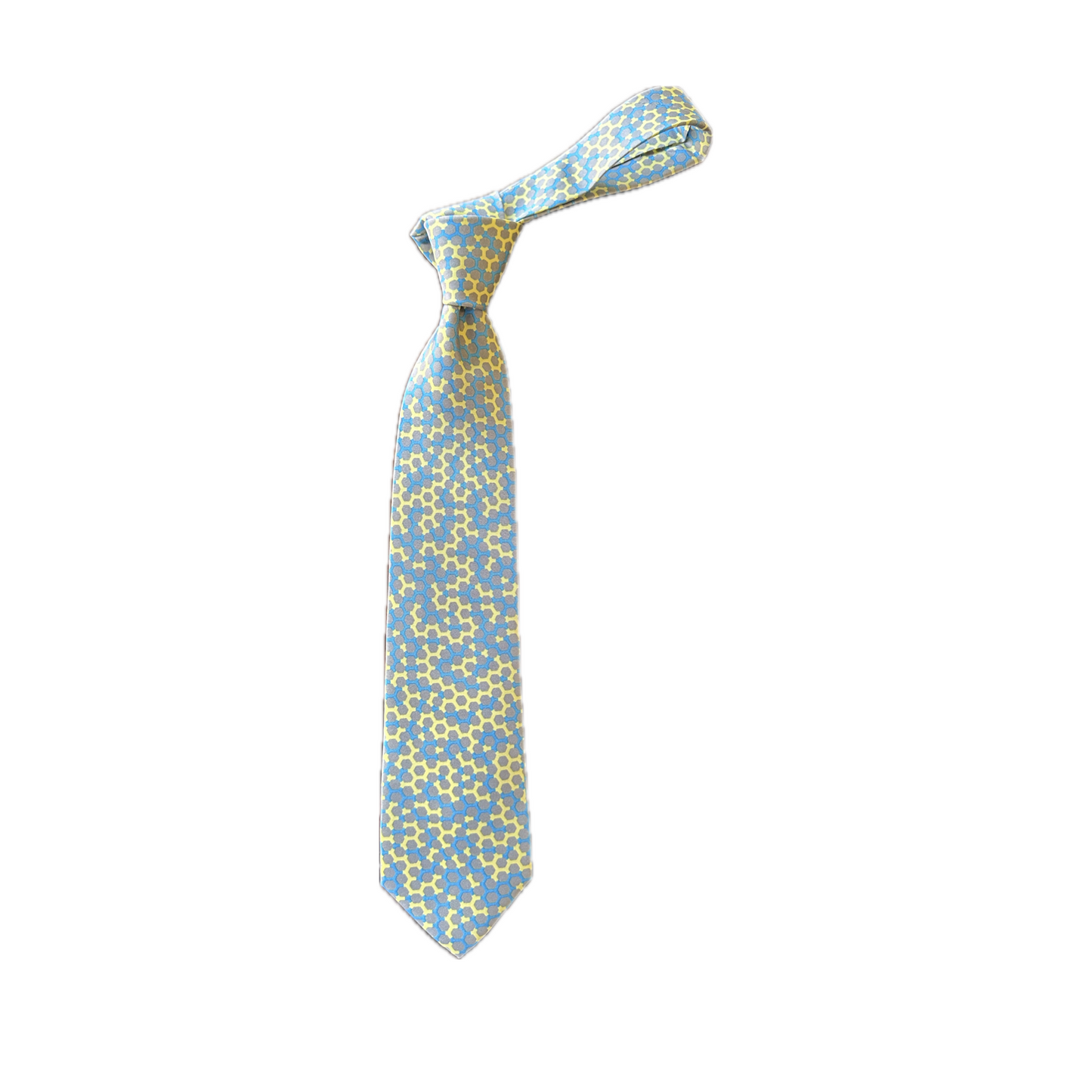 Verdant Geometric Hexagonal Silk Tie Designed by Laurinda Spear in Taupe, Blue and Yellow