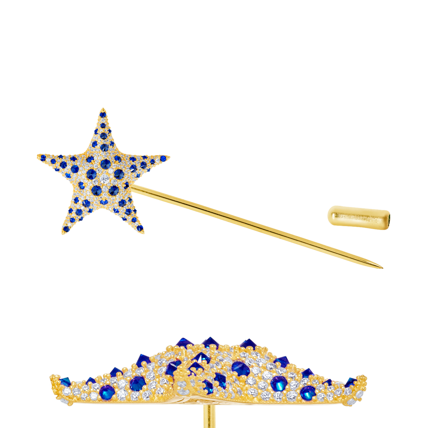 Blue Starfish Lapel Pin in Gold-Plated Solid Sterling Silver