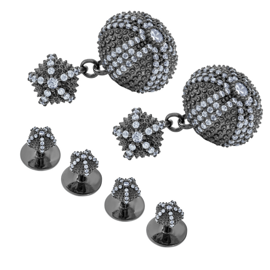 Sea Urchin Cufflinks & Studs Set in Black Rhodium-Plated Solid Sterling Silver